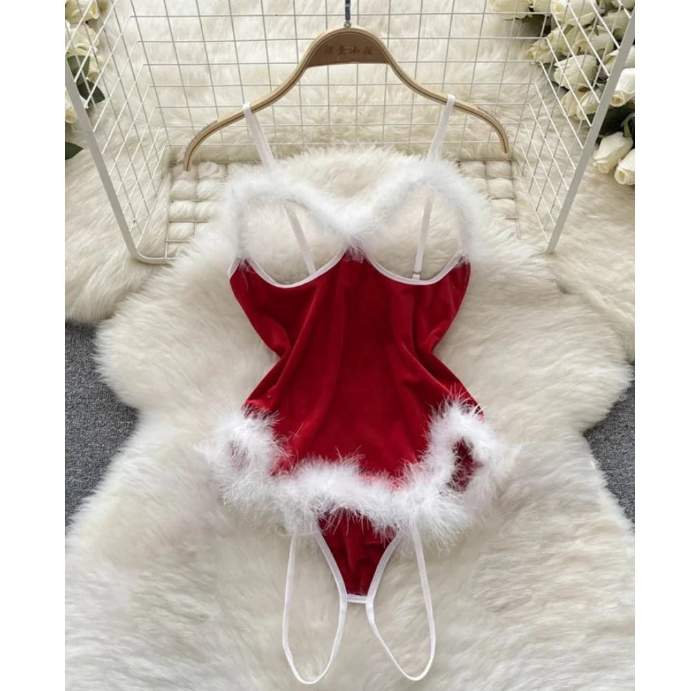 Piros karácsonyi cosplay nyúl lány jumpsuit szexi fehérnemű öv női új ruházat hétköznapi hát nélküli üreges fűzős body