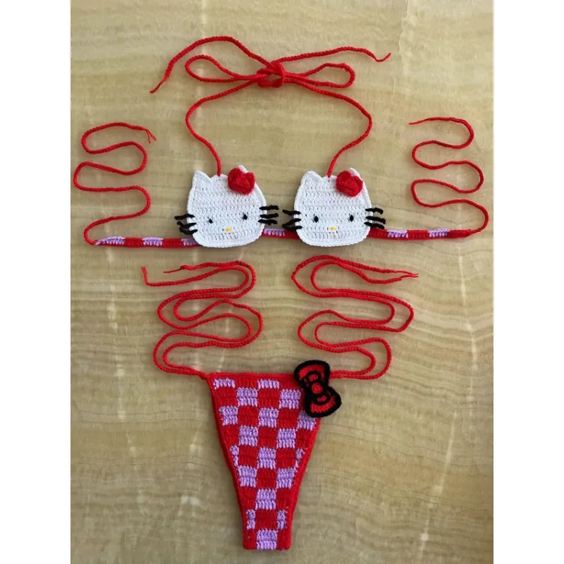 Sanrio horgolt bikini szett aranyos lányoknak fürdőruhák Hello Kitty szexi fürdőruha mikro kötésű bikinik strandruha női fürdőruha