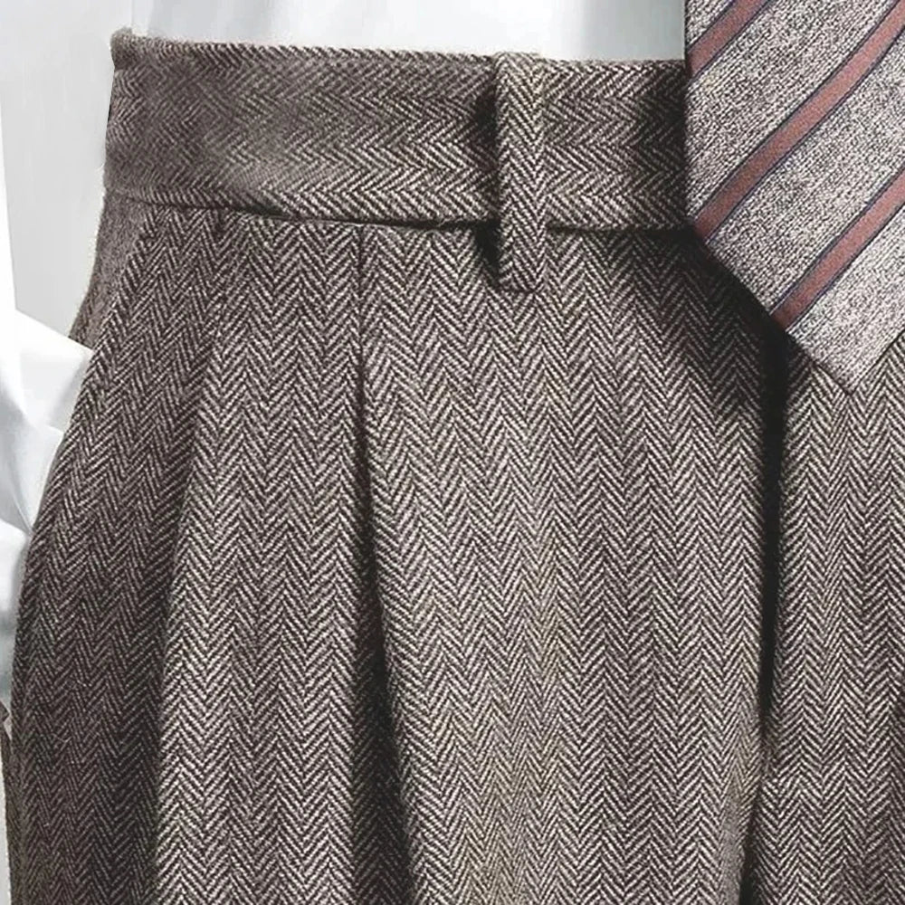 Férfiak Olasz Vintage Öltönynadrág Ősz Téli Gyapjú Halszálkás Mintás Egyenes Nadrág Brit Stílusú Üzleti Lezser Nadrág