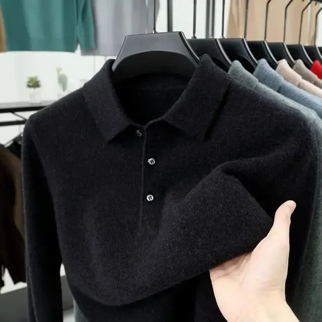 Elegáns, lezser, őszi-téli, férfi pulóver, egyszínű, gombos hajtókával,  divatos,  hosszú ujjú pulóverek, kötött felsők