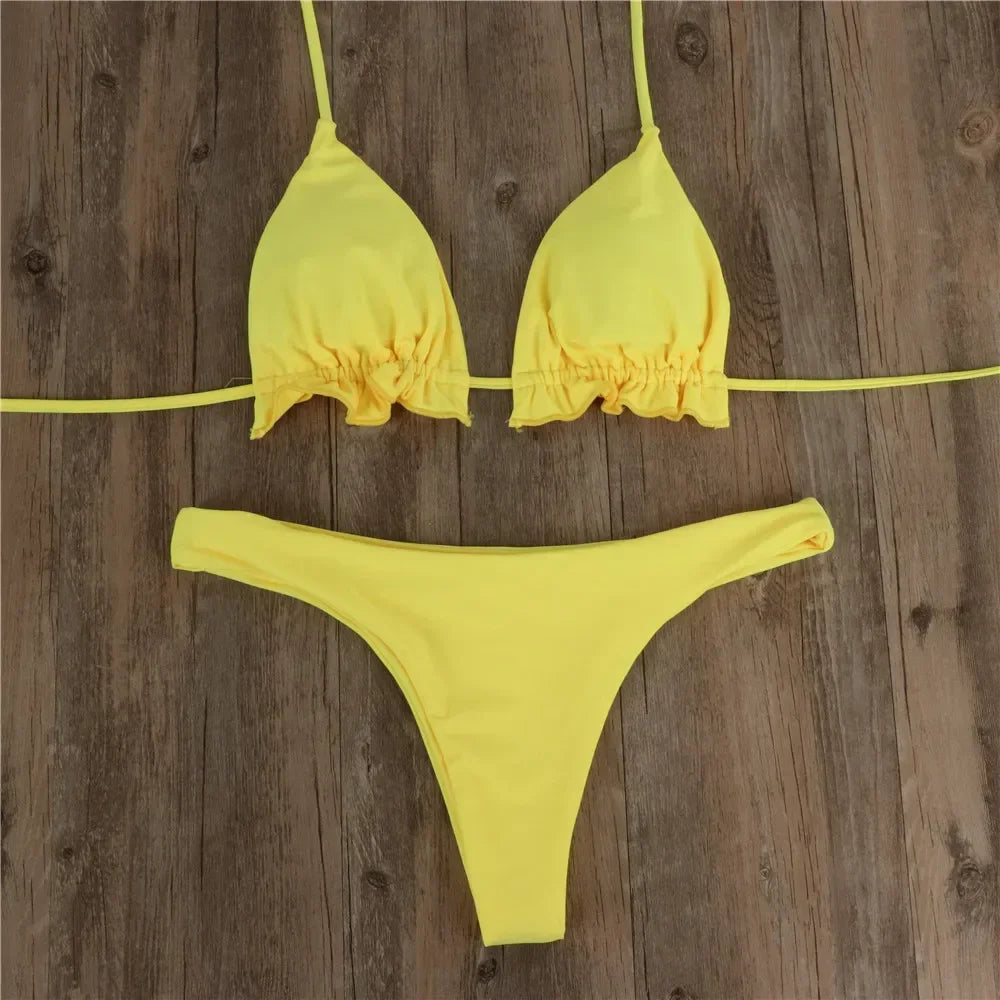 Nyári brazil bikiniszett nőknek, szexi kétrészes push-up fürdőruha, kötszeres tanga fürdőruha, strandruha