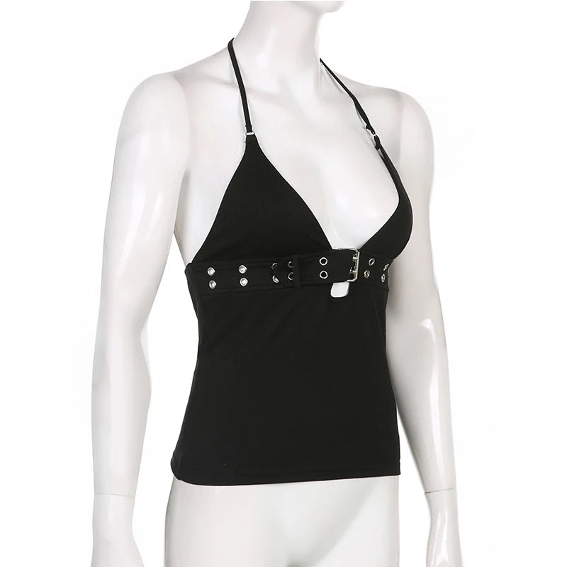 y2k Bandage Crop Top Fekete Hát nélküli Felső Fűzős Aranyos Party Strand Női Retro Alap Punk
