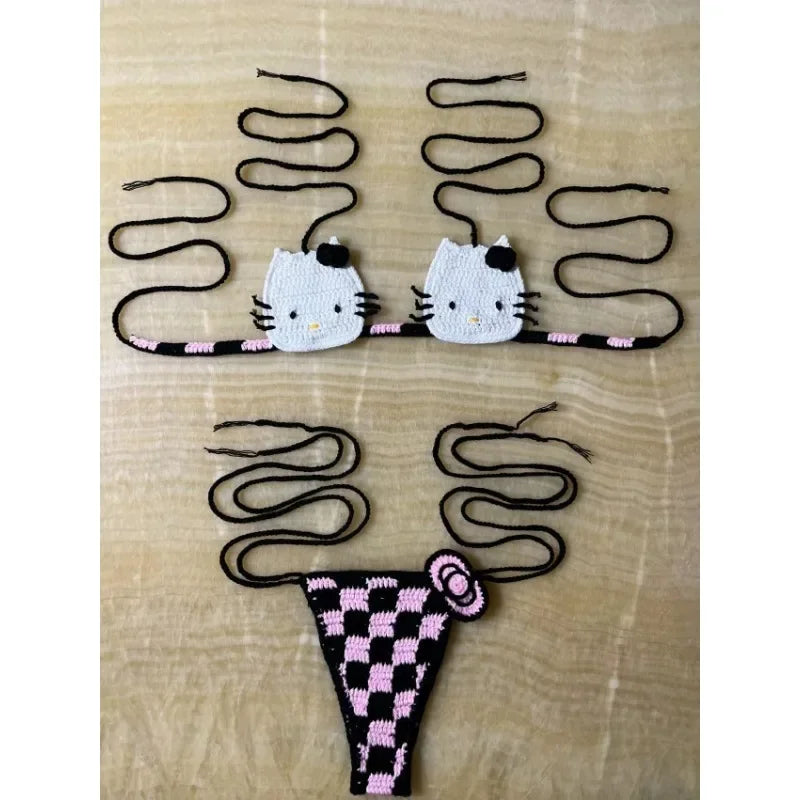 Sanrio horgolt bikini szett aranyos lányoknak fürdőruhák Hello Kitty szexi fürdőruha mikro kötésű bikinik strandruha női fürdőruha