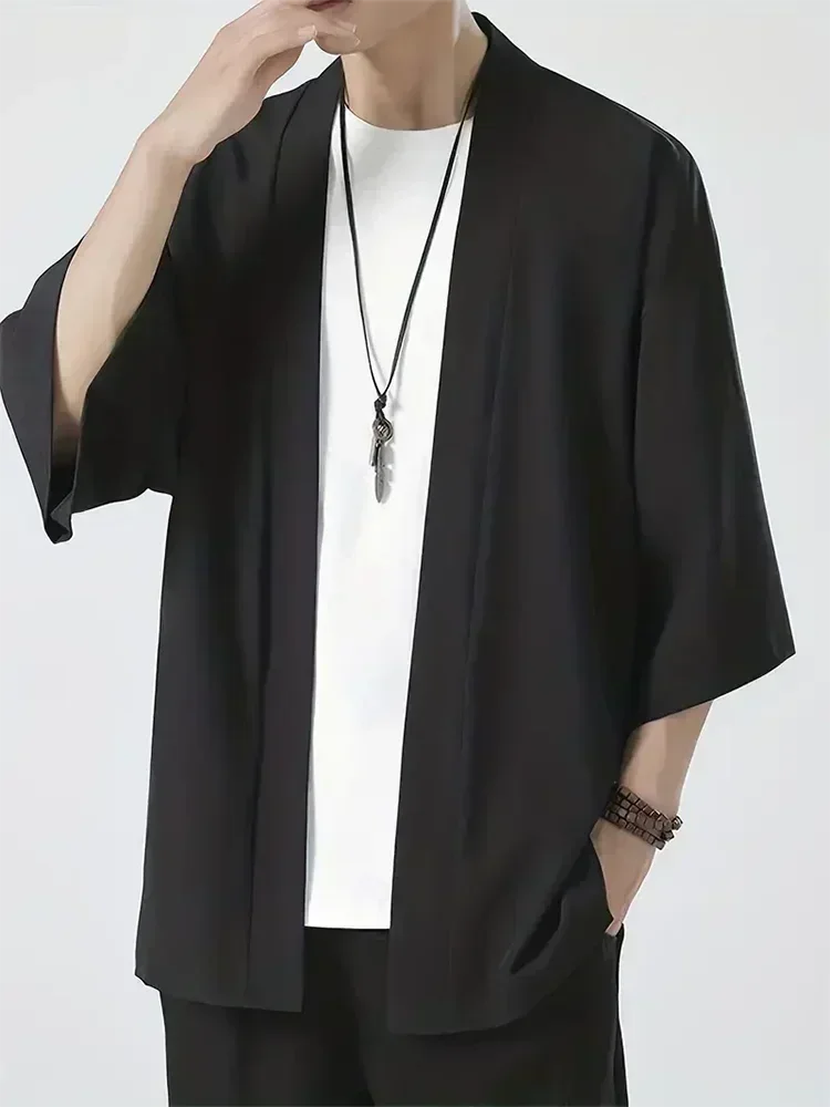 Férfi japán kimonó ingek, lezser, nyitott öltésű, könnyű, yukata, divatos, fekete kardigán, 3/4 ujjú, felsőruházat nyári vakációra