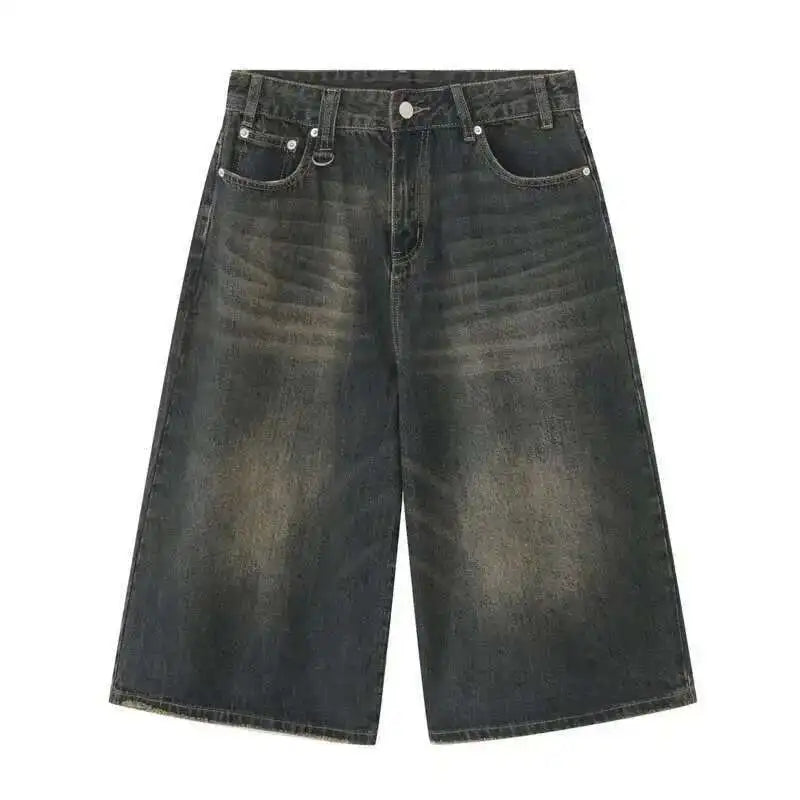 IEFB koreai stílusú vintage férfi farmer nyári laza férfi széles szárú térdig érő rövidnadrág új mosott divatos rövid farmer nadrág