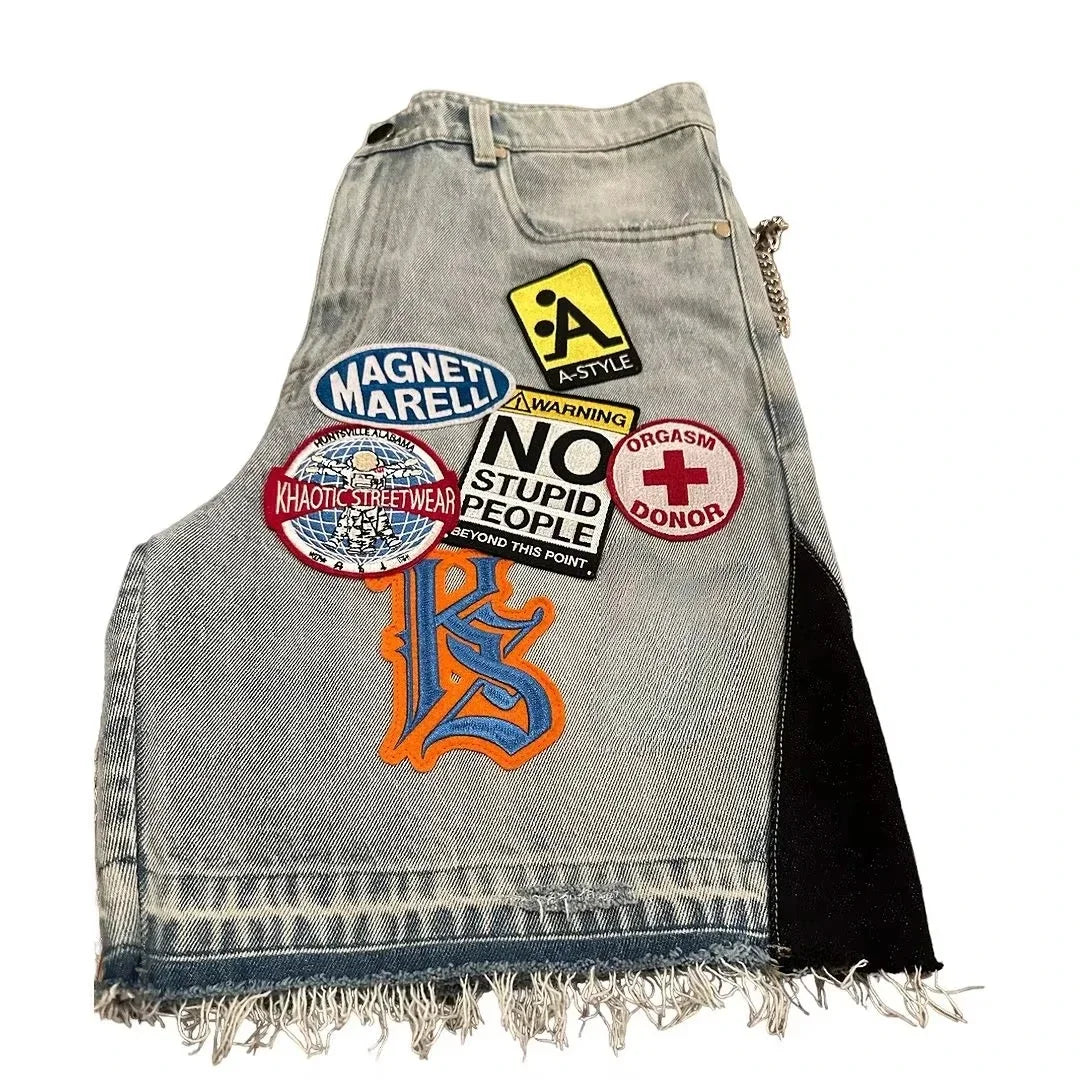 Retro kék utcai viseletű patchwork farmer rövidnadrág Y2K farmer férfi  hip-hop rajzfilm grafikával laza terepszínű farmer fitnesz lezser rövidnadrág