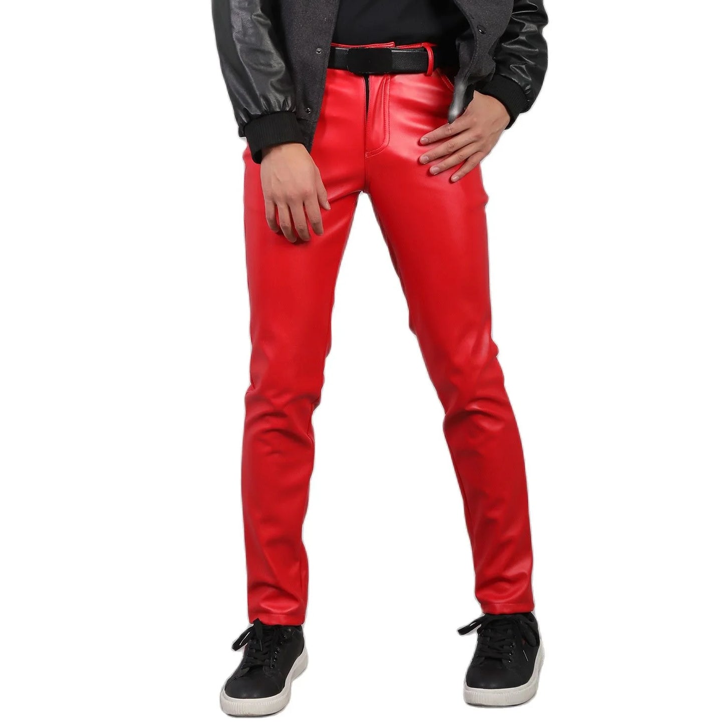 2026 új férfi bőr nadrágok divatos vékony PU nadrágok piros kék fekete szürke fehér pantalones hombre