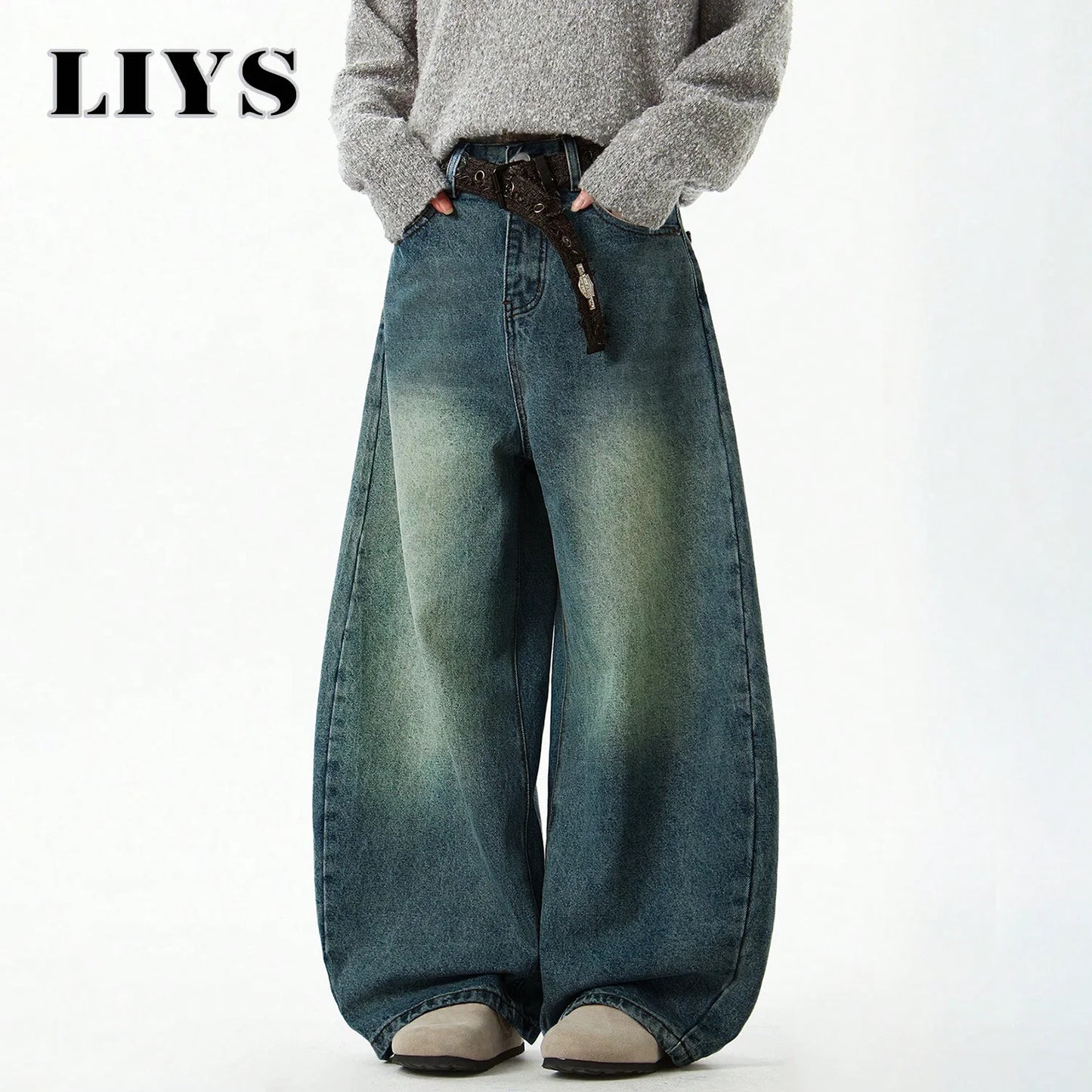 Férfi divat Kék széles szárú farmernadrág Bő farmer Vintage háromdimenziós szabású ívelt késfarmer Laza szabású nyári új trend