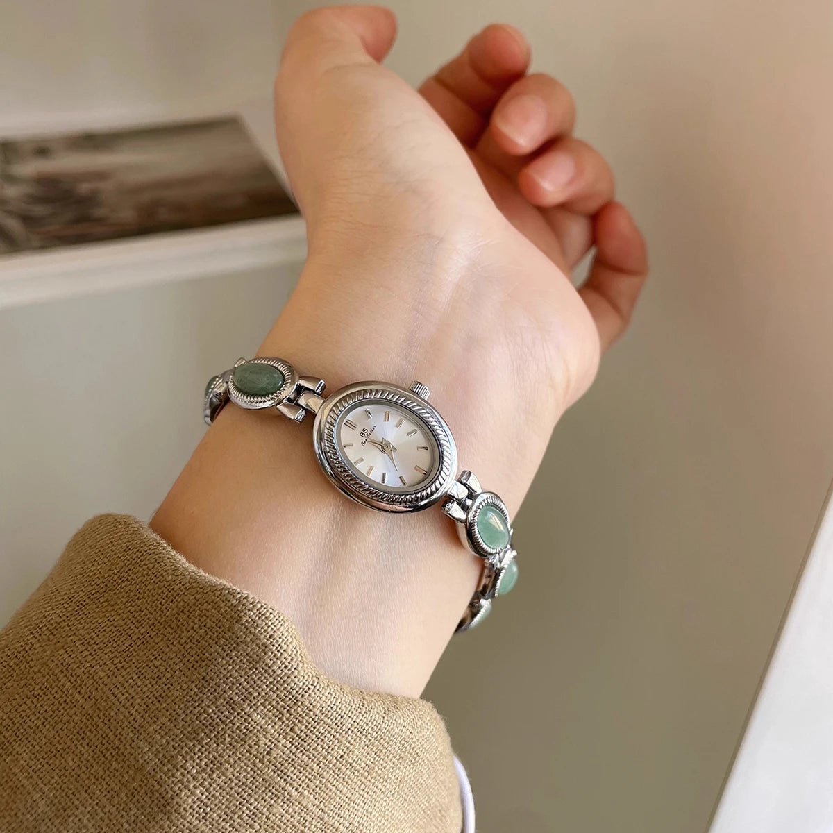 Luxus órák nőknek, elegáns, zöld ékszerek, jade kvarc karkötő, ajándék nőknek, divatos női ruhaóra