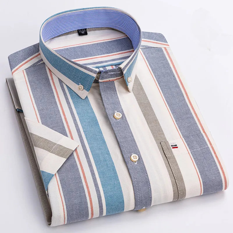 100% pamut férfi Oxford ing, rövid ujjú, nyári, kockás, csíkos, férfi ruházat, üzleti, normál szabású, túlméretezett ing, 7XL, 6XL