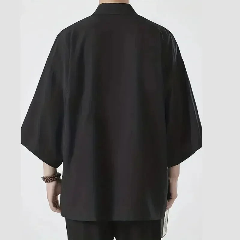 Férfi japán kimonó ingek, lezser, nyitott öltésű, könnyű, yukata, divatos, fekete kardigán, 3/4 ujjú, felsőruházat nyári vakációra