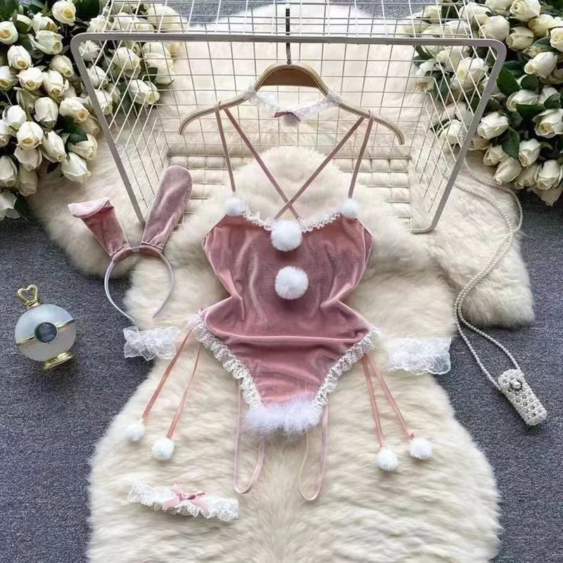 Piros karácsonyi cosplay nyúl lány jumpsuit szexi fehérnemű öv női új ruházat hétköznapi hát nélküli üreges fűzős body
