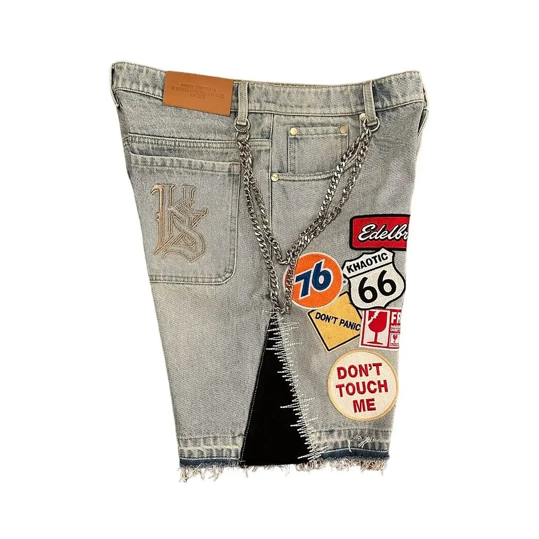 Retro kék utcai viseletű patchwork farmer rövidnadrág Y2K farmer férfi  hip-hop rajzfilm grafikával laza terepszínű farmer fitnesz lezser rövidnadrág