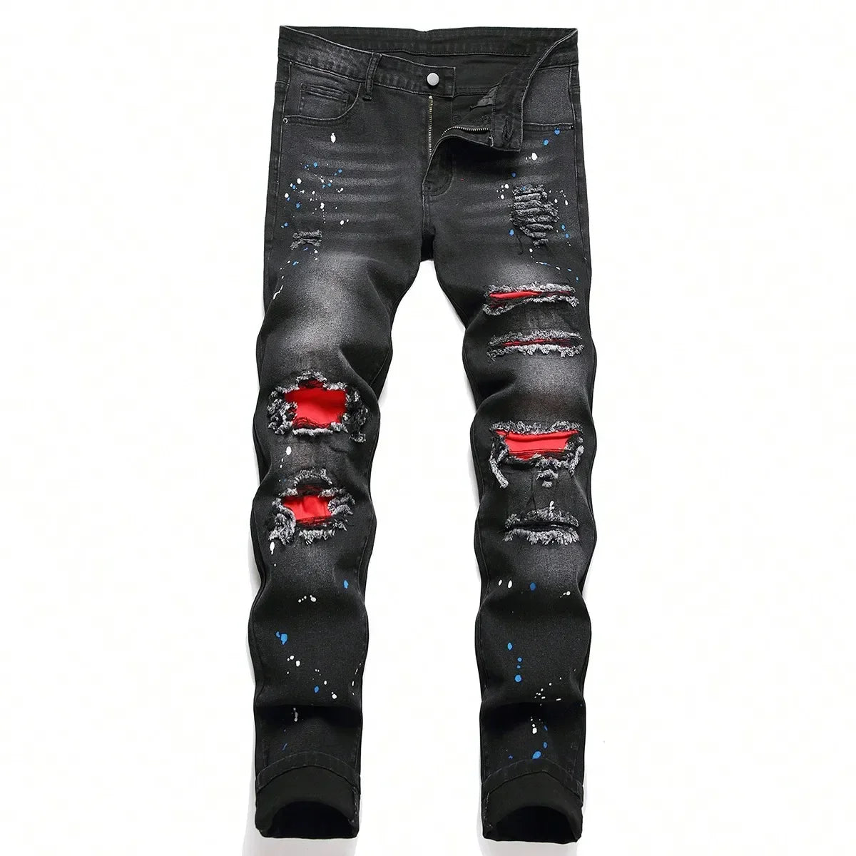 Férfi rugalmas, vékony farmernadrág férfiaknak, lezser nadrág, szakadt, patchwork, lyukas, farmer, hiphop, fekete, egyenes szabású nadrág