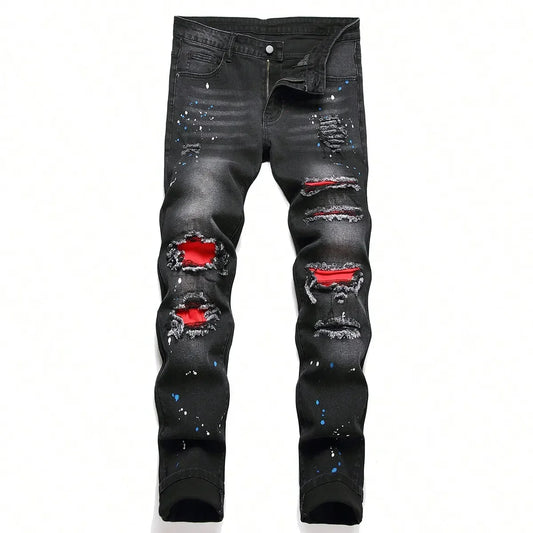 Férfi rugalmas, vékony farmernadrág férfiaknak, lezser nadrág, szakadt, patchwork, lyukas, farmer, hiphop, fekete, egyenes szabású nadrág