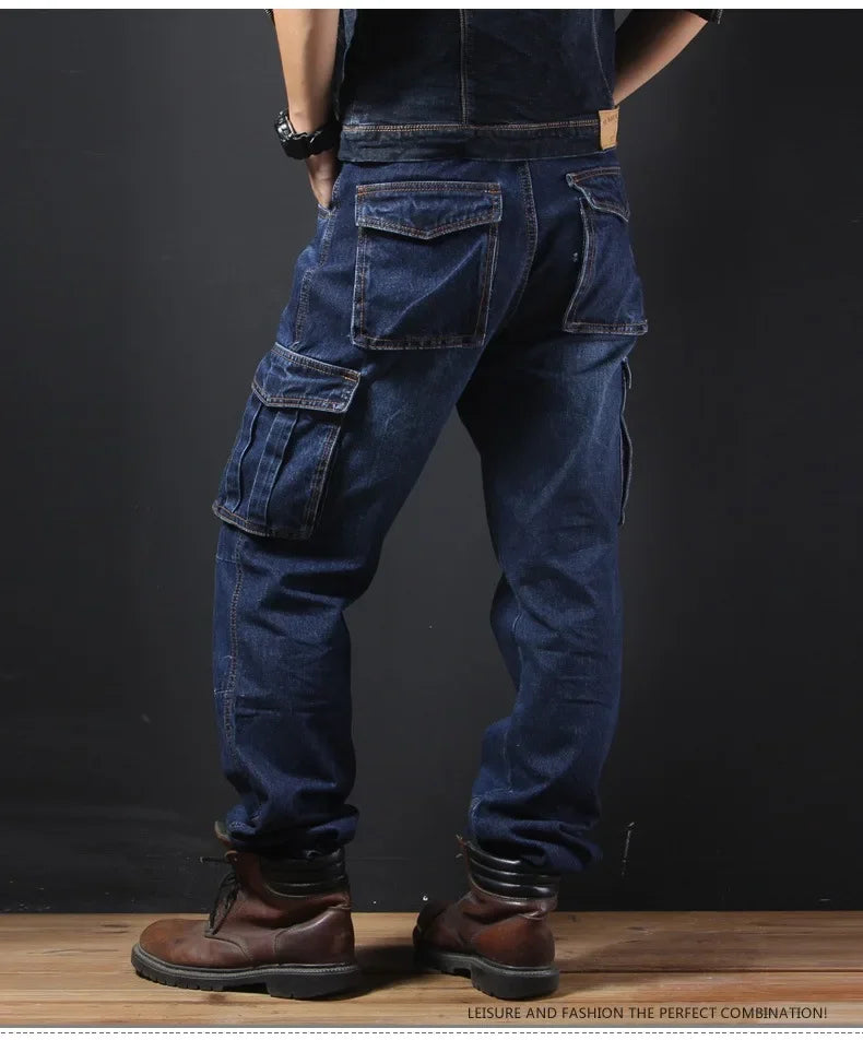 Férfi őszi/téli többzsebes, egyenes szárú, laza szabású, plus size,  farmernadrág