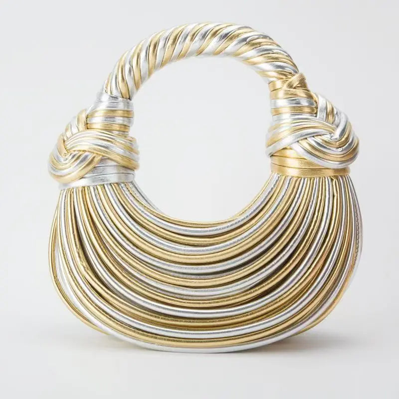 Női kézitáskák 2025 új arany luxus designer márka kézzel szőtt tésztatáskák kötél csomózott húzott hobo ezüst estélyi clutch sikkes