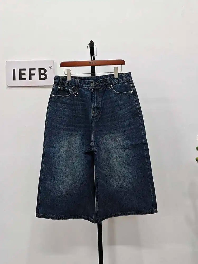 IEFB koreai stílusú vintage férfi farmer nyári laza férfi széles szárú térdig érő rövidnadrág új mosott divatos rövid farmer nadrág