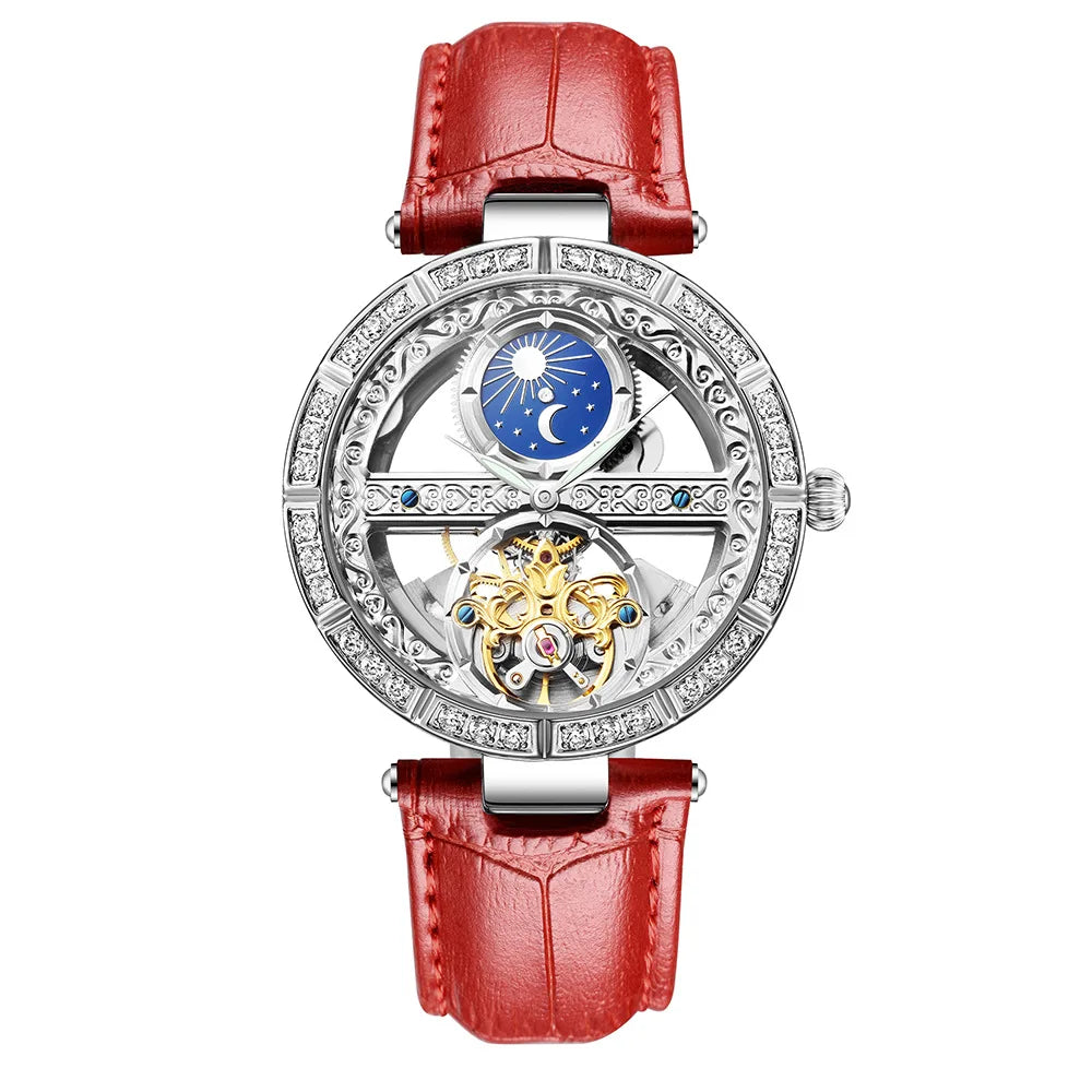 Női automata mechanikus karóra, csúcsmárkás luxus bőr vízálló órák, női csontváz Tourbillon óra, reloj mujer, új