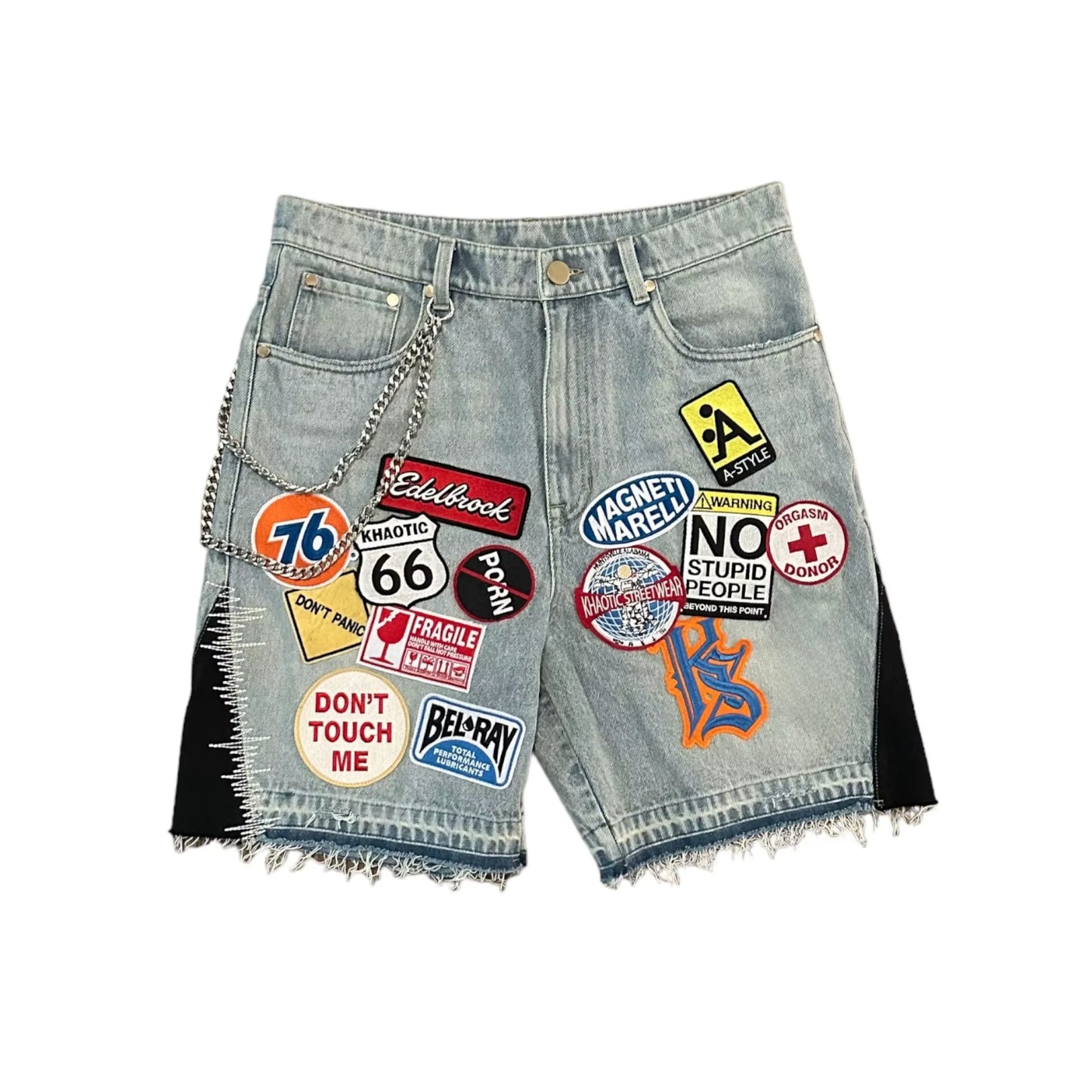Retro kék utcai viseletű patchwork farmer rövidnadrág Y2K farmer férfi  hip-hop rajzfilm grafikával laza terepszínű farmer fitnesz lezser rövidnadrág
