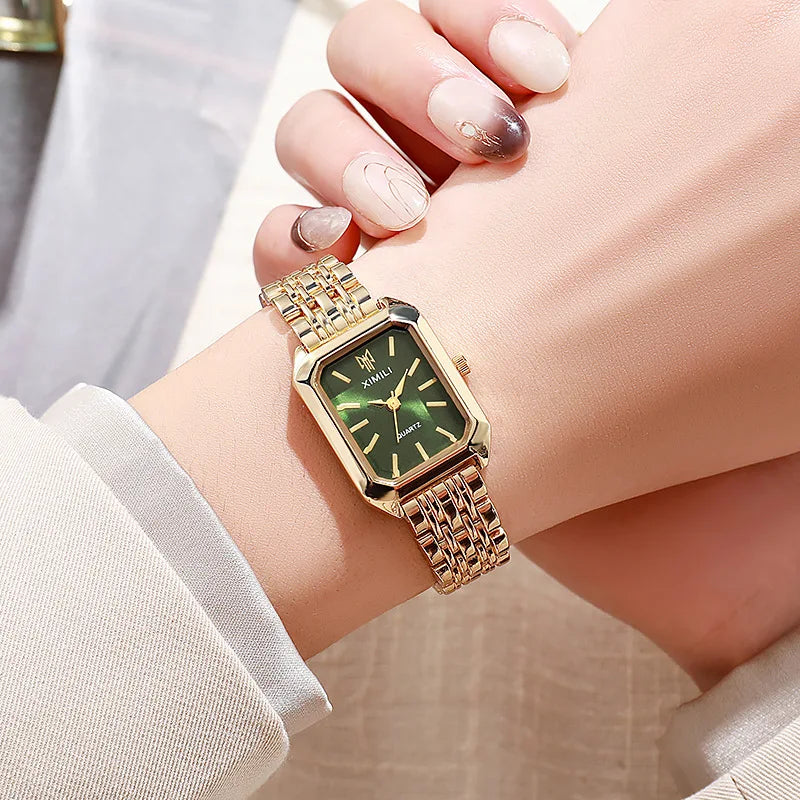 Női karórák üzleti luxus női divatos kvarcóra egyszerű méretarányú, négyzet alakú, aranyozott, rozsdamentes acél összecsukható óra