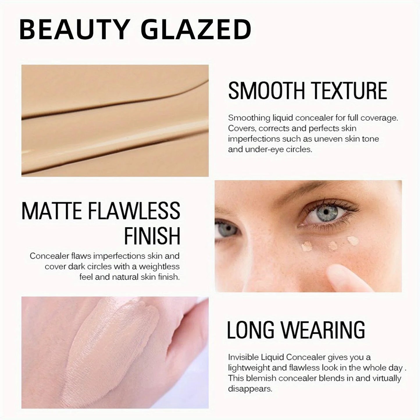 BEAUTY GLAZED 3 darabos arcsmink készlet, matt, tartós, vízálló folyékony alapozó + primer + puff