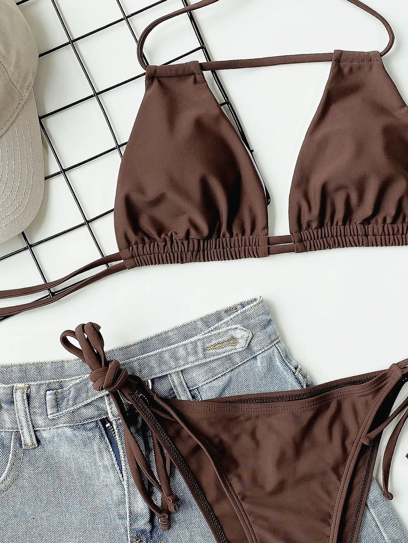 2026 szexi, egyszínű, kötésű bikini, pántos fürdőruha női fürdőruha női kétrészes bikini szett, alacsony derekú fürdőruha, fürdőző