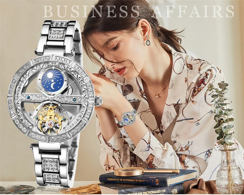 Női automata mechanikus karóra, csúcsmárkás luxus bőr vízálló órák, női csontváz Tourbillon óra, reloj mujer, új