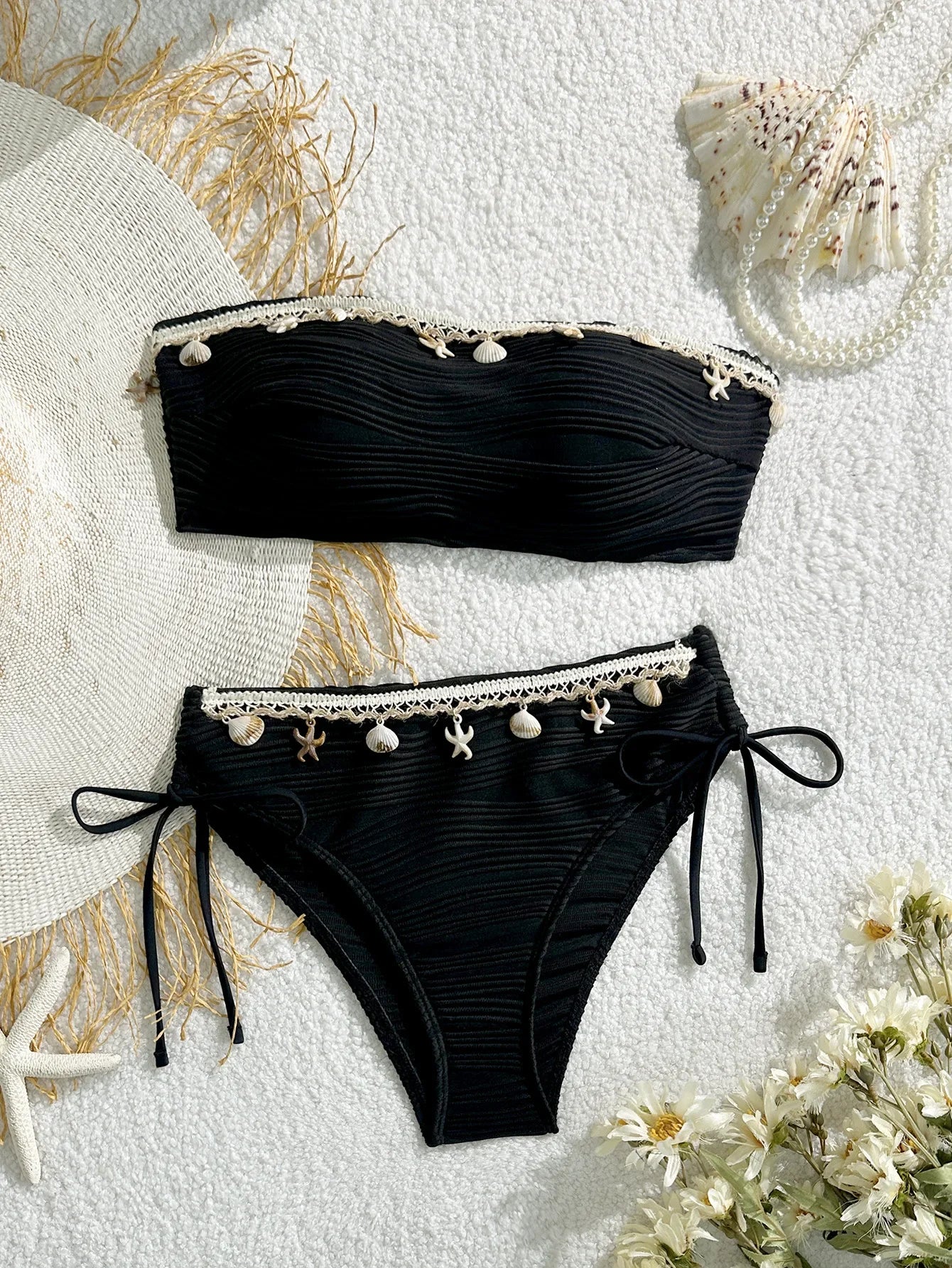 XS - XL Bandeau ráncos, magas kivágású bikini női fürdőruha női fürdőruha kétrészes bikiniszett kagyló fürdőruha úszás