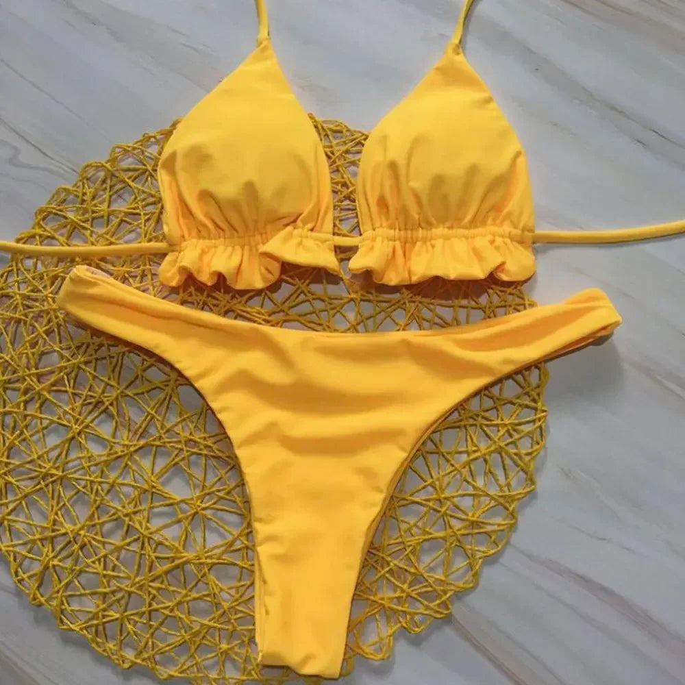 Nyári brazil bikiniszett nőknek, szexi kétrészes push-up fürdőruha, kötszeres tanga fürdőruha, strandruha