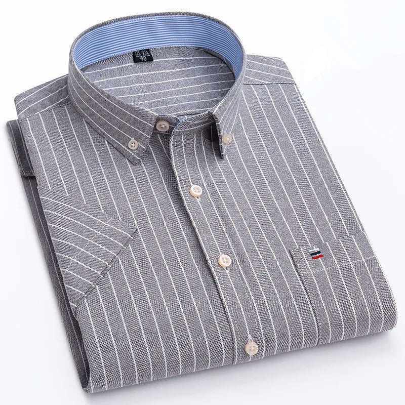 100% pamut férfi Oxford ing, rövid ujjú, nyári, kockás, csíkos, férfi ruházat, üzleti, normál szabású, túlméretezett ing, 7XL, 6XL