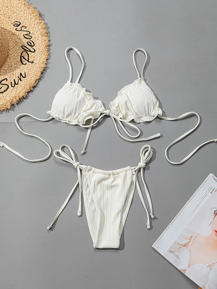 Új 2025 szexi fürdőruha, csíkos bikini, női fürdőruha, push up bikini, kötszer, strandruha, egyszínű bikini szettek