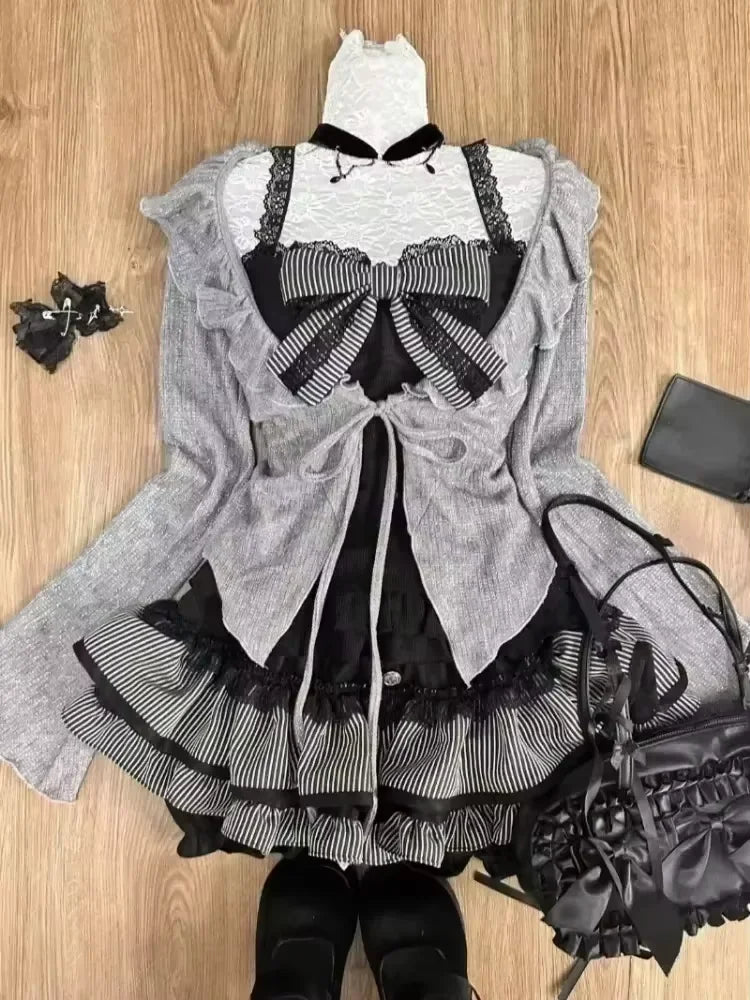Japán Kawaii 3 darabos szett Lolita Y2k kardigán kabátok + mini szoknyák + fűző mellény amerikai vintage öltönyök őszi parti sikkes