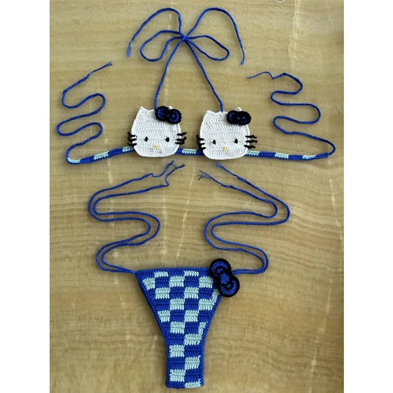 Sanrio horgolt bikini szett aranyos lányoknak fürdőruhák Hello Kitty szexi fürdőruha mikro kötésű bikinik strandruha női fürdőruha