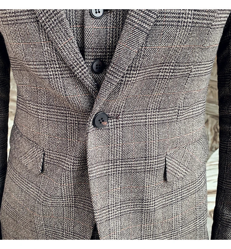 Férfi kiváló minőségű, plus size 5XL-M háromrészes öltöny (öltöny+mellény+nadrág) üzleti divatos kockás öltöny vőlegény esküvői
