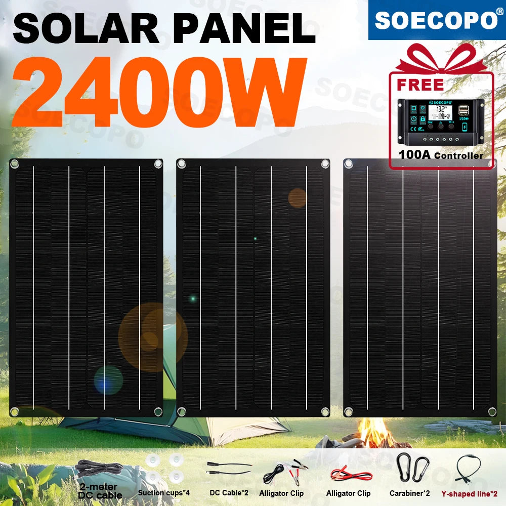 SOECOPO 2400W-os rugalmas napelemkészlet 3 db 800W-os fotovoltaikus panellel, 18V-os akkumulátortöltővel, ingyenes 100A-es vezérlővel lakókocsis kempingezéshez