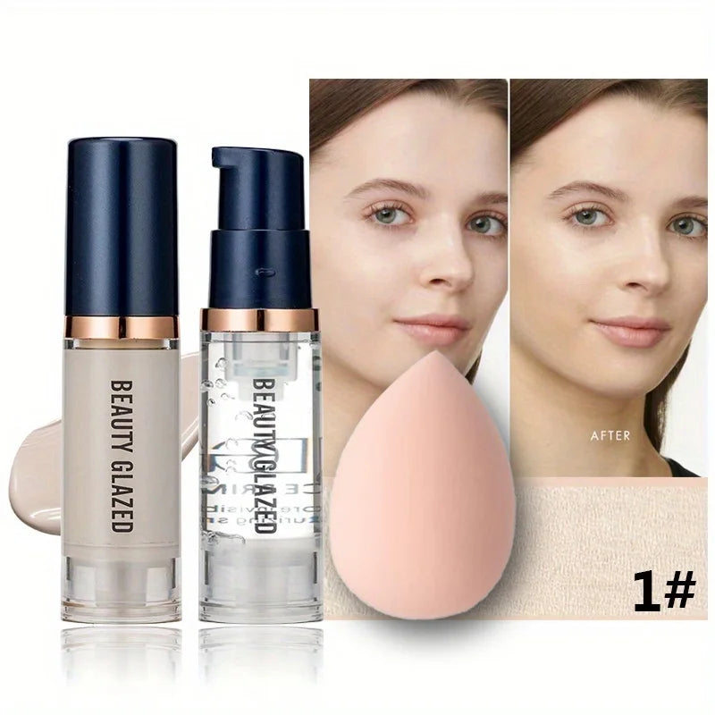 BEAUTY GLAZED 3 darabos arcsmink készlet, matt, tartós, vízálló folyékony alapozó + primer + puff