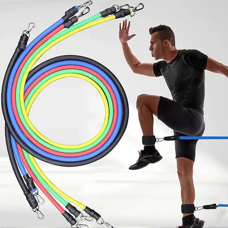 11 db-os TPE ellenállás-szalag szett, fitneszszalag, húzókötél, rugalmas edzőszalag ajtóra akasztható fogantyúkkal, hordtáskával, lábakkal, bokapántokkal