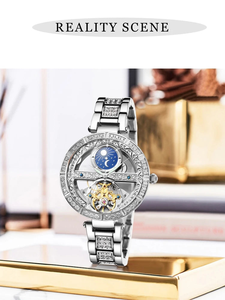 Női automata mechanikus karóra, csúcsmárkás luxus bőr vízálló órák, női csontváz Tourbillon óra, reloj mujer, új