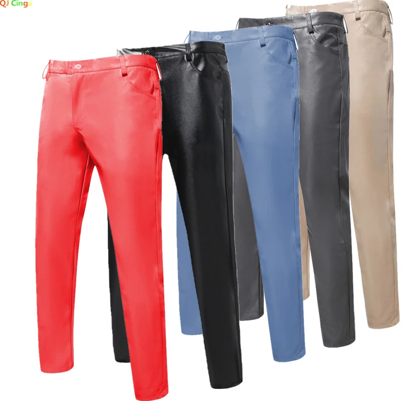 2026 új férfi bőr nadrágok divatos vékony PU nadrágok piros kék fekete szürke fehér pantalones hombre