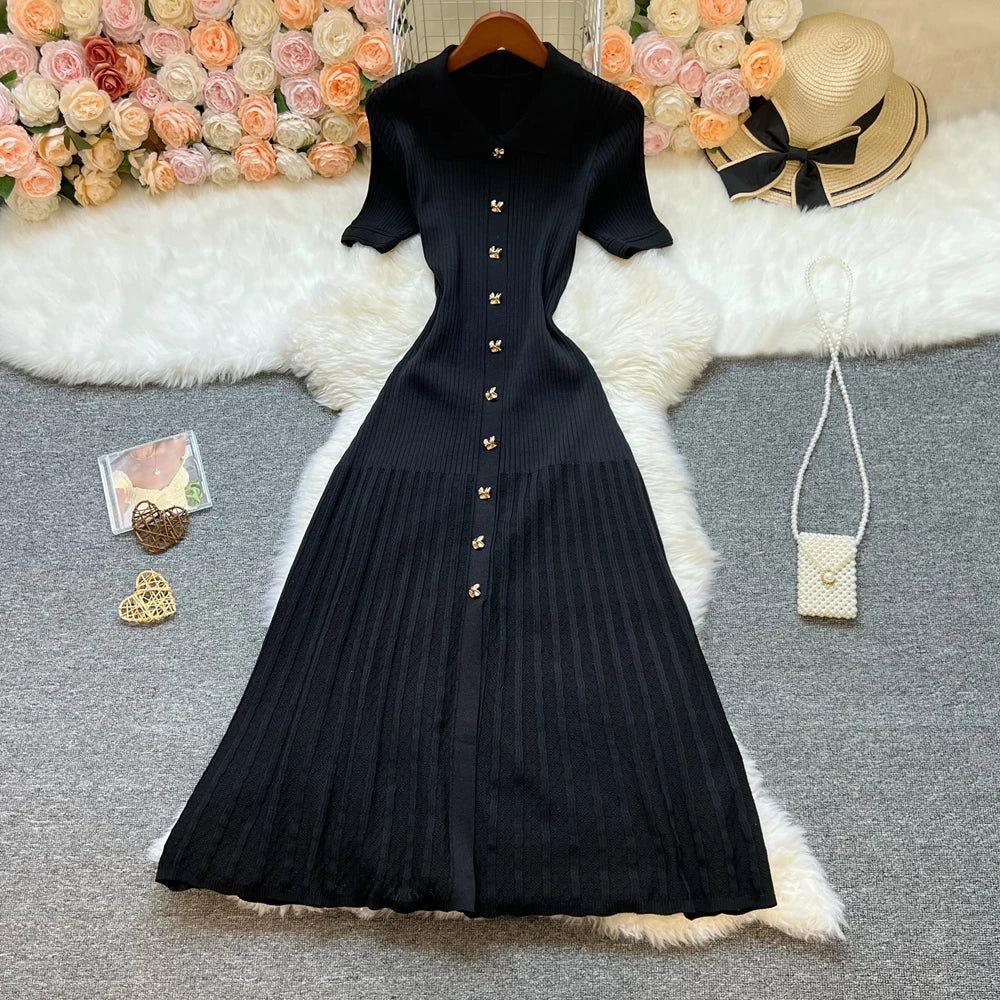 YuooMuoo márka divatos elegáns patchwork kötött hosszú ruha tavaszi nyári női luxus ing pulóver ruha hölgy party Vestido