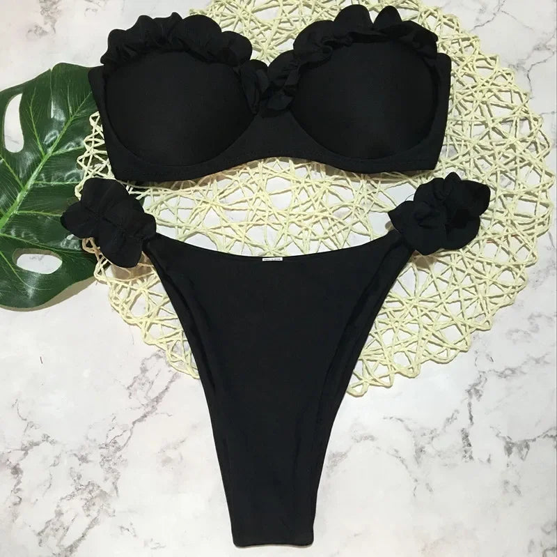 Szexi fodros, fodros melltartós bikini 2026 női bandeau fürdőruha női fürdőruha kétrészes bikiniszett push up fürdőruha úszás