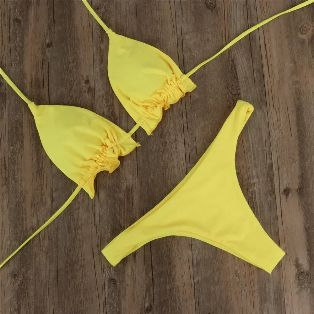 Nyári brazil bikiniszett nőknek, szexi kétrészes push-up fürdőruha, kötszeres tanga fürdőruha, strandruha