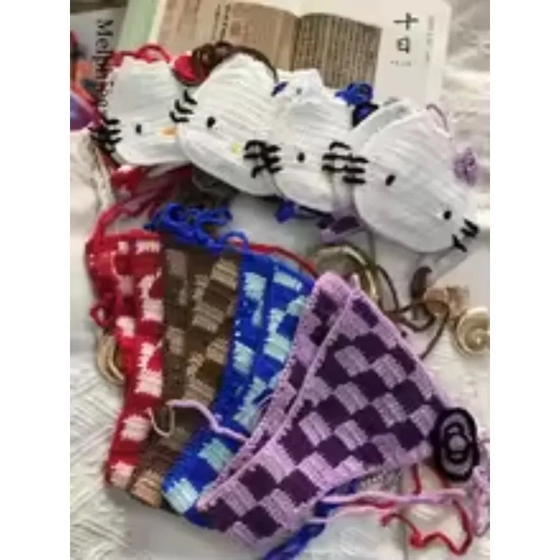 Sanrio horgolt bikini szett aranyos lányoknak fürdőruhák Hello Kitty szexi fürdőruha mikro kötésű bikinik strandruha női fürdőruha