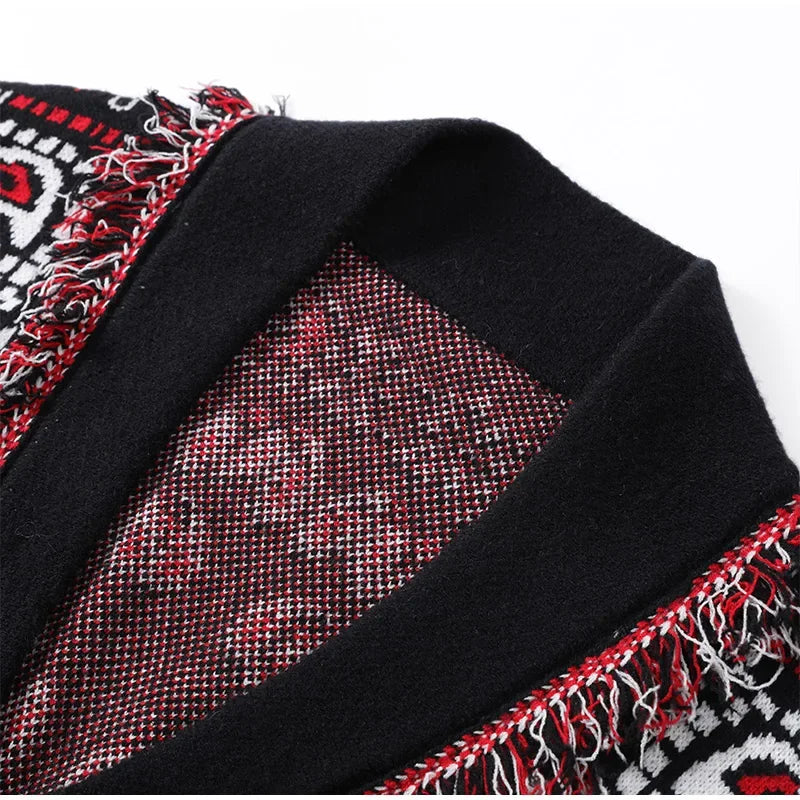 2026 Tavaszi bojtos kötött jacquard női kardigánok laza patchwork V-nyakú hosszú ujjú vastag meleg pulóver női új kötöttáru