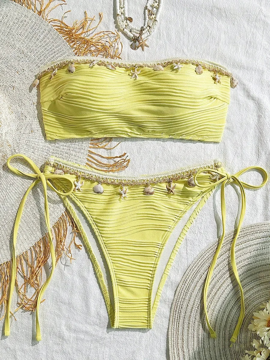 XS - XL Bandeau ráncos, magas kivágású bikini női fürdőruha női fürdőruha kétrészes bikiniszett kagyló fürdőruha úszás
