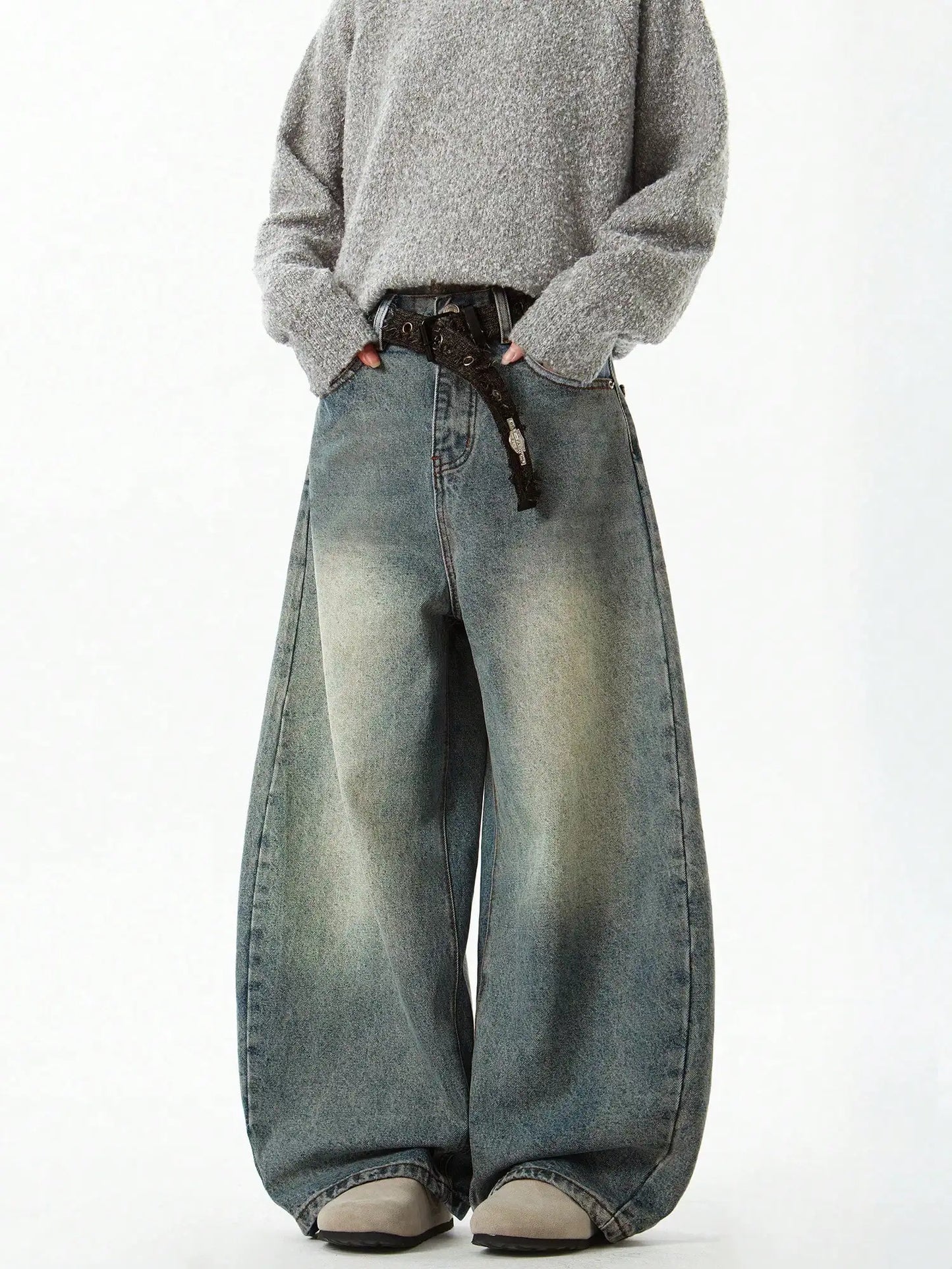 Férfi divat Kék széles szárú farmernadrág Bő farmer Vintage háromdimenziós szabású ívelt késfarmer Laza szabású nyári új trend