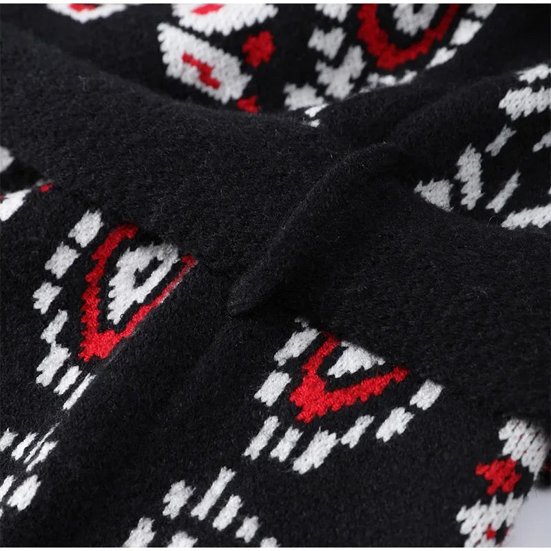 2026 Tavaszi bojtos kötött jacquard női kardigánok laza patchwork V-nyakú hosszú ujjú vastag meleg pulóver női új kötöttáru