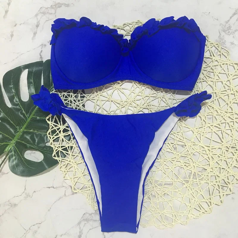 Szexi fodros, fodros melltartós bikini 2026 női bandeau fürdőruha női fürdőruha kétrészes bikiniszett push up fürdőruha úszás