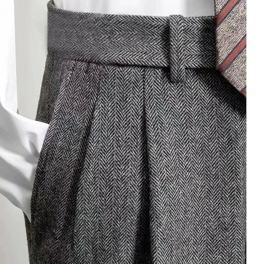 Férfiak Olasz Vintage Öltönynadrág Ősz Téli Gyapjú Halszálkás Mintás Egyenes Nadrág Brit Stílusú Üzleti Lezser Nadrág